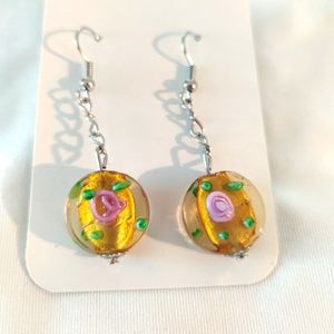 Yellow/Gold Dangle Drop Earrings with Pink Flower